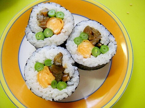 きゅうり醤油漬と卵いんげんの巻き寿司